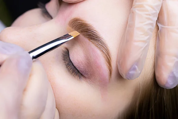 the eyebrow lamination master holds the model\'s eyebrow and applies a toning cream to redness