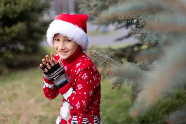 Cheerful Boy Red Christmas Sweater Reindeer Santa Hat Rubs His — Stock Photo, Image