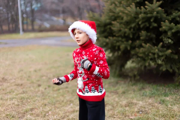 Pojke Varm Jultröja Med Ett Nyår Rådjur Och Tomte Hatt — Stockfoto