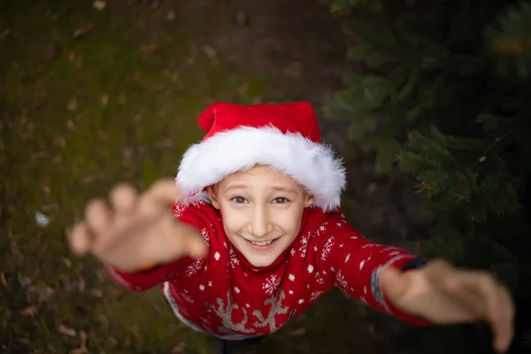 Boy Red Knitted Christmas Sweater Christmas Reindeer Santa Claus Hat — Stock Photo, Image