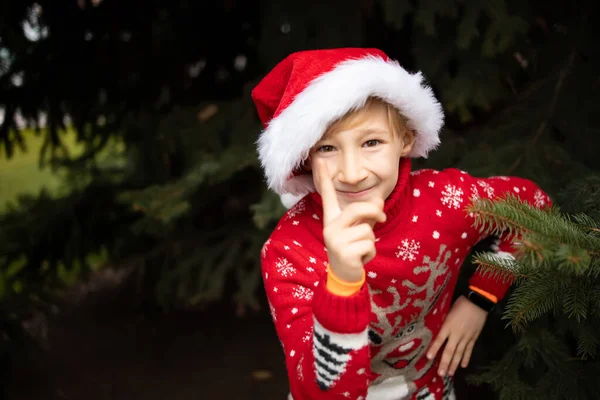Chłopiec Czerwonym Świątecznym Swetrze Reniferem Kapeluszu Mikołaja — Zdjęcie stockowe