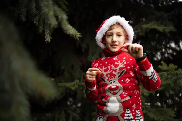 Boy Red Knitted Christmas Sweater Christmas Reindeer Santa Claus Hat — Stock Photo, Image