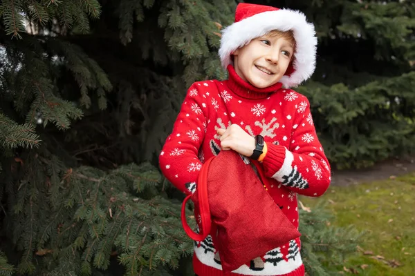 Boy Red Knitted Christmas Sweater Christmas Reindeer Santa Claus Hat — Stock Photo, Image