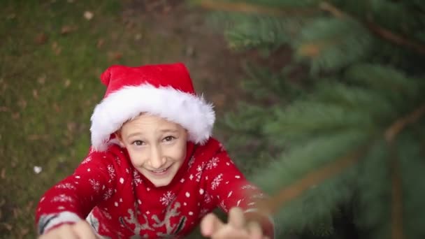 Menino de malha vermelha camisola de Natal com uma rena de Natal e chapéu de Papai Noel — Vídeo de Stock