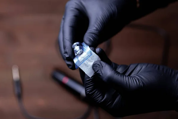 Hands Permanent Makeup Artist Black Medical Gloves Carefully Opens Disposable — Stock Photo, Image