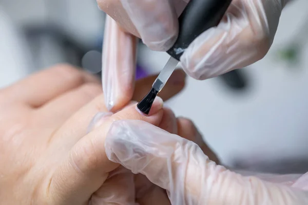 Nail Service Master Does Manicure Prepares Nail Further Application Colored — Stock Photo, Image