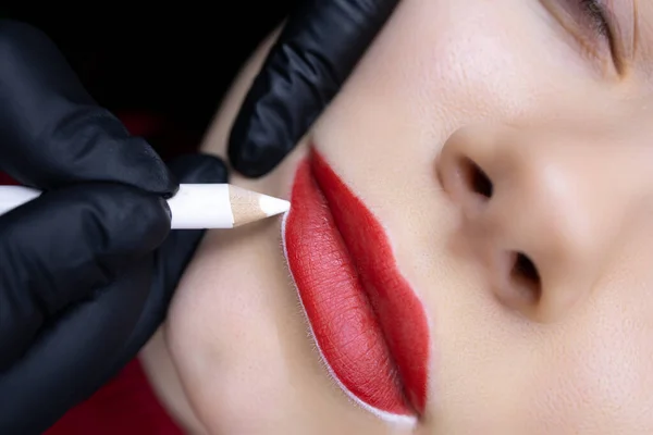 Procédure Tatouage Permanent Des Lèvres Macro Photographie Des Lèvres Modèle — Photo