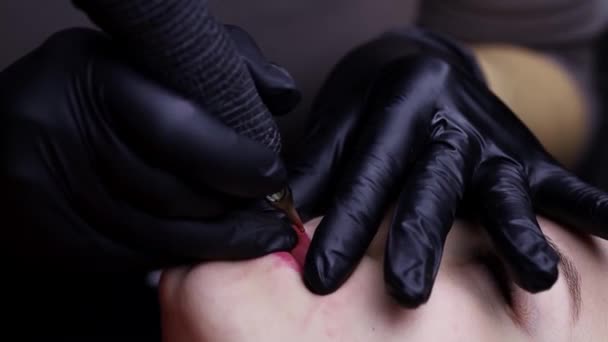 Mistrz Ustach Modelki Robi Tatuaż Warg Wykonuje Zabieg Stałego Makijażu — Wideo stockowe