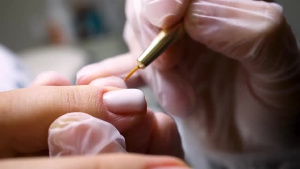 Manicure Pedicure Master Van Toepassing Nagellak Nagel Met Een Dunne — Stockvideo