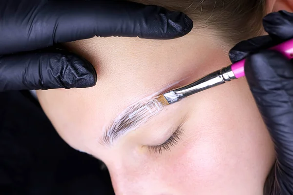 Applying Compositions Laminating Eyebrows Hairs Pink Brush — Stock Photo, Image