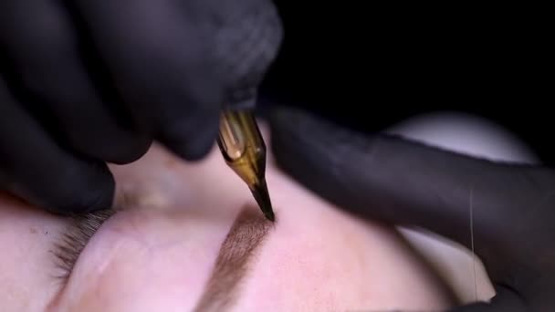 Kalıcı Kaş Makyajı Prosedürü Ustası Kaşlarını Esnetir Kaşlarını Dövme Yapar — Stok video