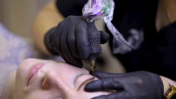 Permanent Make Procedure Master Performs Eyebrow Tattooing Eyebrows — Stock Video