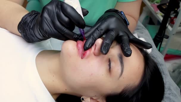 Maquillage Permanent Des Lèvres Est Effectuée Par Maître Démontrer Sur — Video