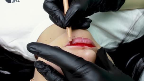 Verfahren Permanentes Lippenschminken Mit Einem Rotstift Vor Der Tätowierung — Stockvideo