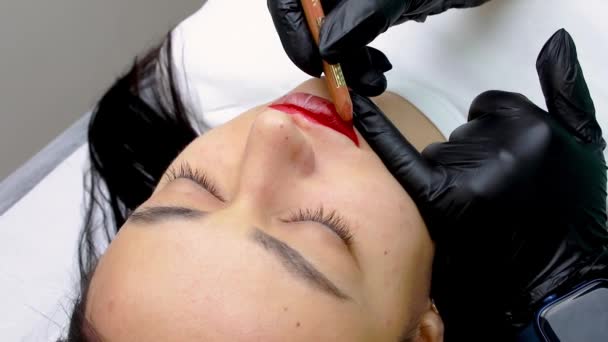 Zabieg Permanentny Makijaż Ust Szkicami Czerwonego Ołówka Przed Tatuażem — Wideo stockowe