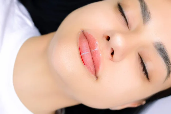 Close Dari Bibir Model Yang Disiapkan Untuk Make Permanen Dengan — Stok Foto