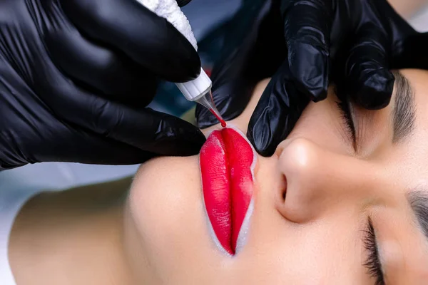 Master Melakukan Prosedur Makeup Permanen Dari Bibir Memegang Mereka Sambil — Stok Foto