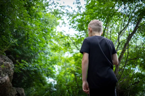 Oğlan ormanda seyahat ediyor.