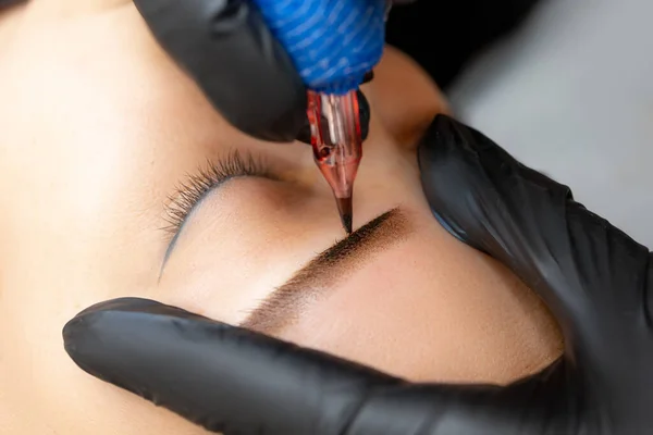 Close Master Makes Eyebrow Tattoo Apply Permanent Makeup Model Eyebrows — Stock Photo, Image