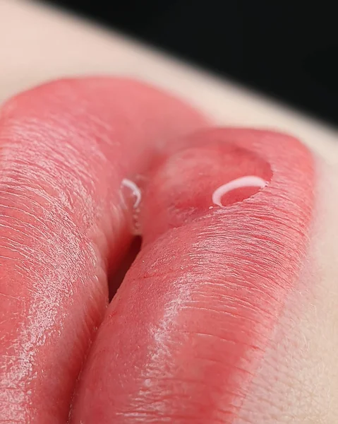 Permanent Makeup Lips Macro Photo Lips Drop Oil Them — Φωτογραφία Αρχείου