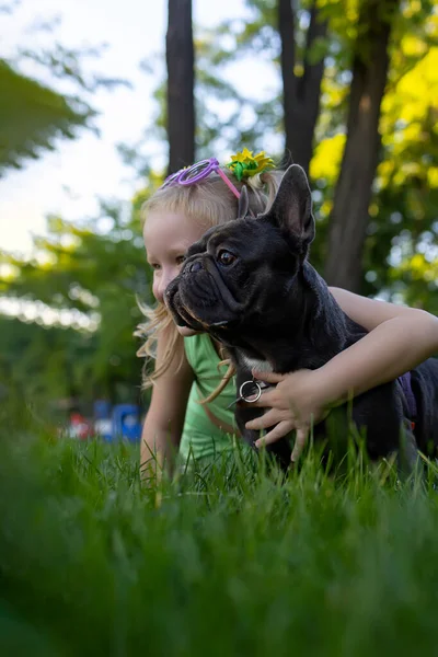 a little girl hid behind a french bulldog, she hugged him and together they look good to the side