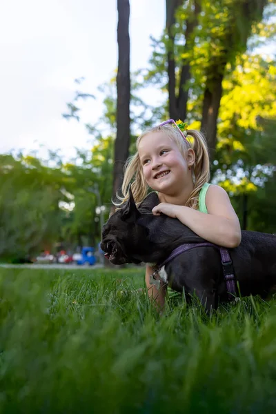 a girl plays in the park with a french bulldog dog hugs him and laughs merrily
