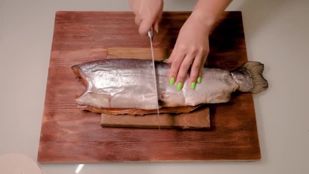 Girl Hands Hold Sharp Knife Cutting Salmon Carcass Half — Vídeos de Stock