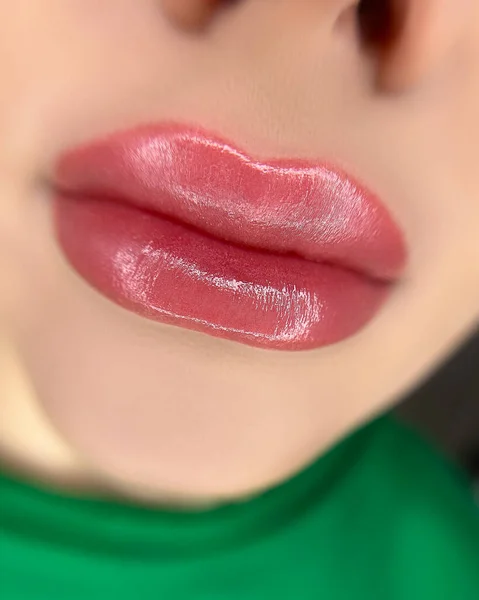 Close Lips Procedure Permanent Makeup Lips Macro Photography Lips Tattoo — Fotografia de Stock