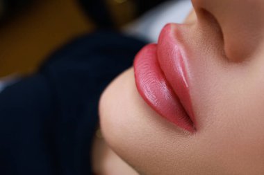 permanent make-up of the lips using machine technology finished work of the result after tattooing