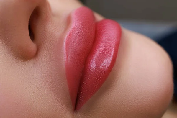 close-up of the lips and with the implementation of permanent makeup using a typewriter