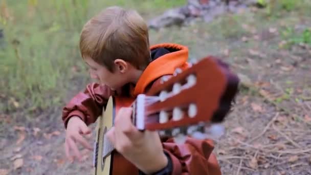 Вид Зверху Хлопчика Який Знаходиться Парку Грає Гітарі — стокове відео