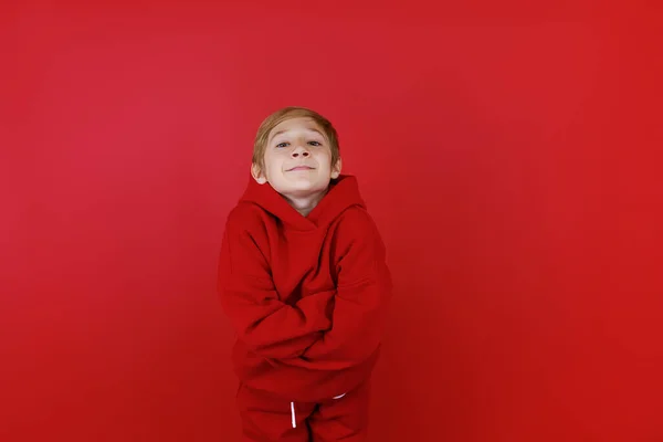 Boy Red Suit Folded His Hands Front Him Shows Contentment — Stock Photo, Image