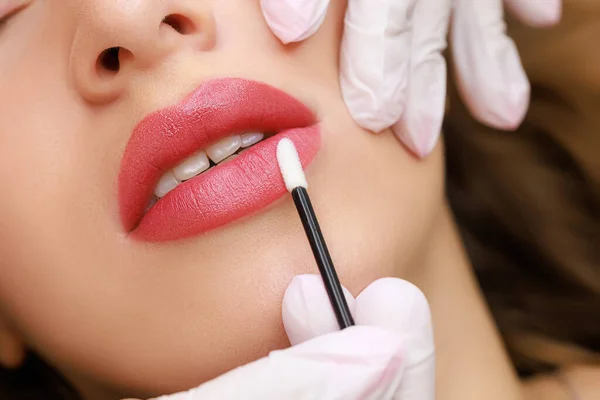the completed work of permanent makeup of the lips, the master removes the remnants of the pigment with the help of a micro brush from the lips of the model