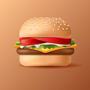 Bej arka planda çok iştah açıcı bir hamburger resmi. Bej arka planda çok iştah açıcı bir hamburger resmi. İçindekiler peynir, et, marul, domates.