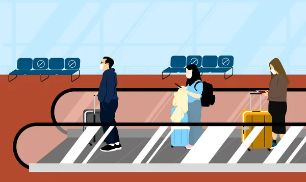 Turisti Estendono Loro Distanze Sulla Passerella Negli Aeroporti — Vettoriale Stock