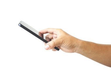 Taramak için telefonu baş aşağı tutuyorum. akıllı telefon beyaz arkaplanda izole edildi, kırpma yolu