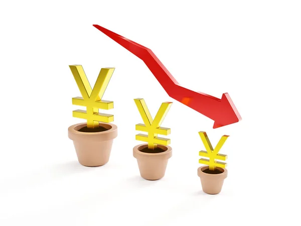 Yen rekor seviyeye düştü. Altın bir Yen ağacında yüzen kırmızı bir ok Japon Yen para birimi sembolü. 3B Hazırlama