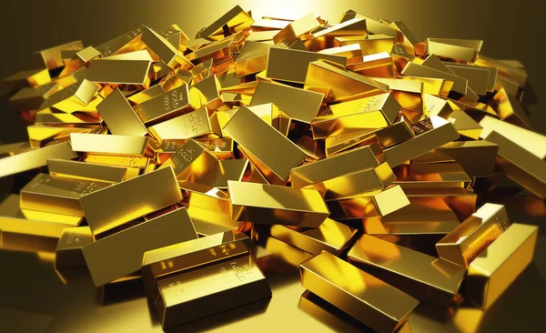 Large Pile Gold Bars Row Reflecting Light Rendering Background — Stockfoto