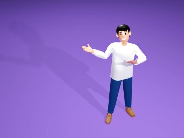 Bir adam elini uzatır ve boş 3D görüntülü bir sunum gösterir