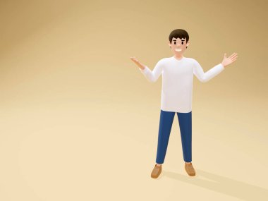 Bir adam elini uzatır ve boş 3D görüntülü bir sunum gösterir