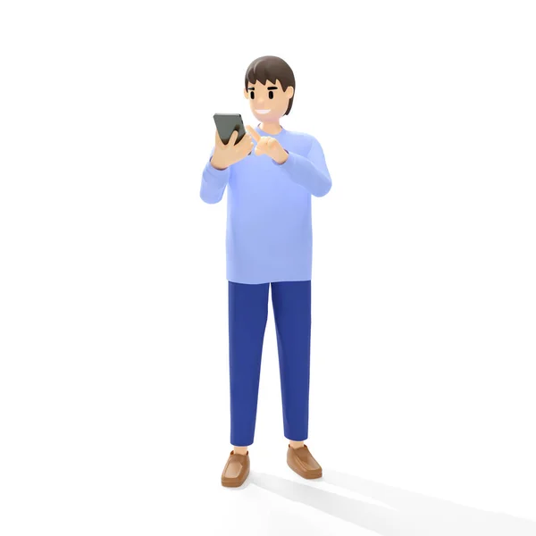 Man Staan Met Behulp Van Mobiele Telefoon Witte Achtergrond Rendering — Stockfoto
