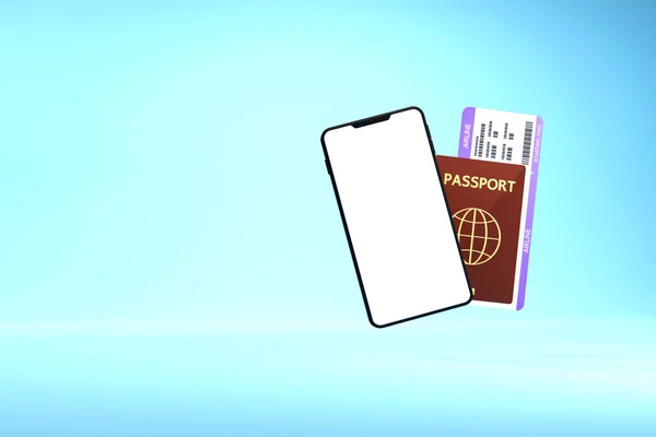 Смартфон Чистым Экраном Паспортом Авиабилетом Рендеринг — стоковое фото