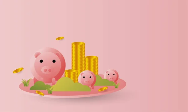 Pig Design Surrounded Gold Coins — Vetor de Stock