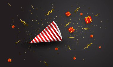 Doğum günü arkaplan tasarımı, koyu arkaplan, doğum günü şapkası süsü, hediye kutusu, davetiye kartları, arka planlar, posterler, sosyal medya iletileri, web, partiler vb..