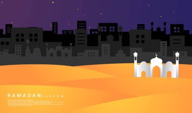 Ramazan temalı tasarım, yıldızlar, camiler, binaların gölgeleri ve camiler gibi elementler, ramazan arkaplanları, posterler, afişler, fişler, kartlar, şablonlar, broşürler için uygundur.