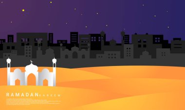 Ramazan temalı tasarım, yıldızlar, camiler, binaların gölgeleri ve camiler gibi elementler, ramazan arkaplanları, posterler, afişler, fişler, kartlar, şablonlar, broşürler için uygundur.