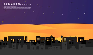 Ramazan temalı tasarım, yıldızlar, camiler, binaların gölgeleri ve camiler gibi elementler, ramazan arkaplanları, posterler, afişler, fişler, kartlar, şablonlar, broşürler için uygundur.