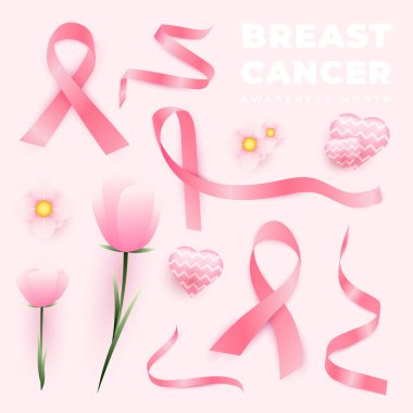 set of pink ribbons on a white background, suitable for women's day and cancer day design elements