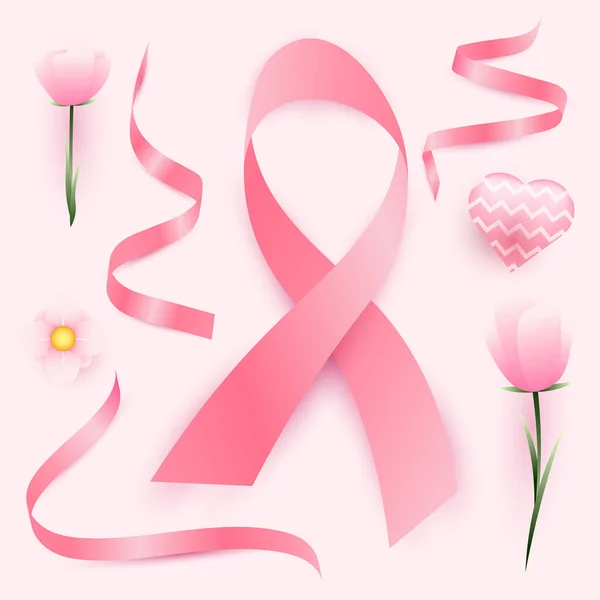 Set Pink Ribbons White Background Suitable Women Day Cancer Day — 图库矢量图片