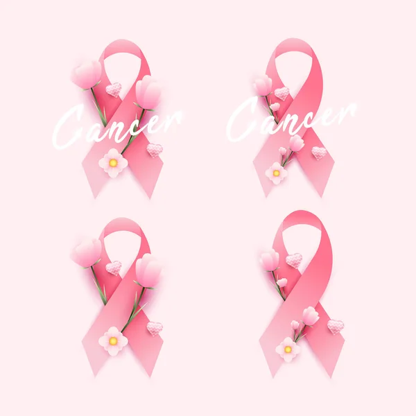 Set Pink Ribbons White Background Suitable Women Day Cancer Day — Vettoriale Stock